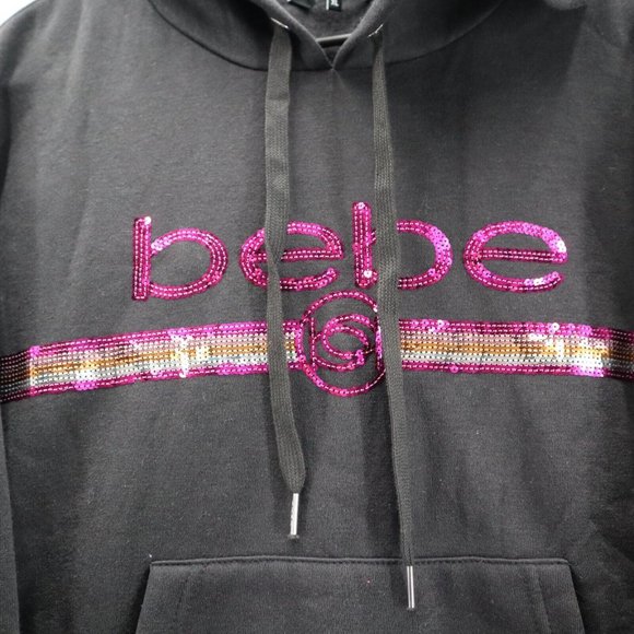 Bebe Womens Pullover Hoodie Sequin Logo Size XL Black Sweatshirt New - Picture 2 of 9